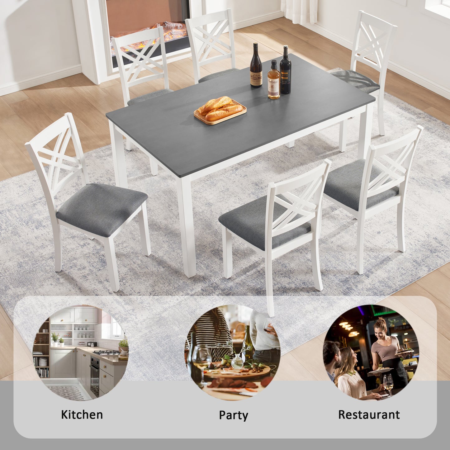 Modern 7-Piece Solid Wood Dining Set with 6 Upholstered Chairs – Grey & White Two-Tone Rectangular Table for 6, Space-Saving Kitchen & Dining Room Set, Easy Assembly image 3