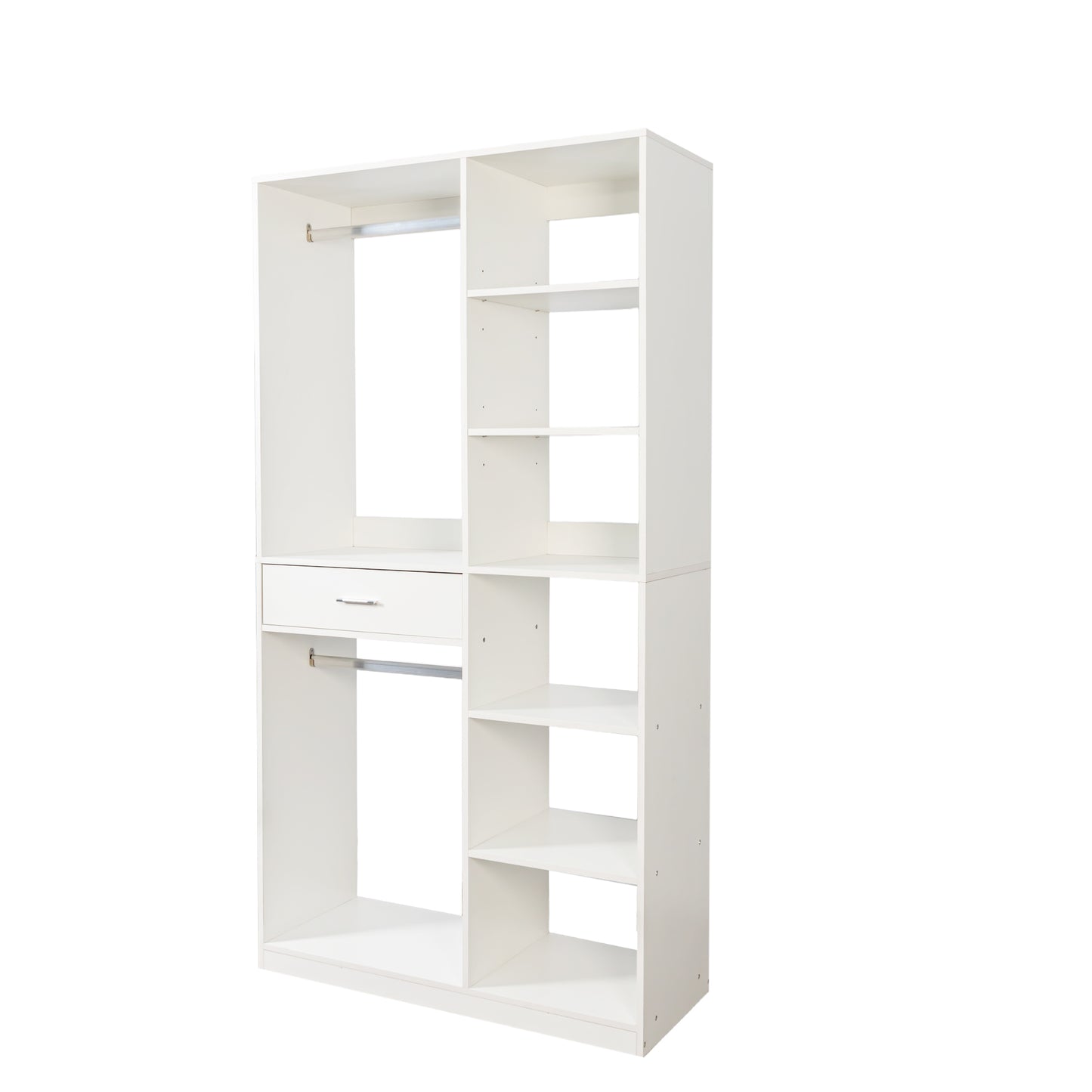 Freestanding Closet System, Stand-Alone Wardrobe with 6 open Shelves,74.8'' Heigh Closetwith 1 Wood Drawers, Wood Walk-in Closet with 2 Hanging Rod, White image 9