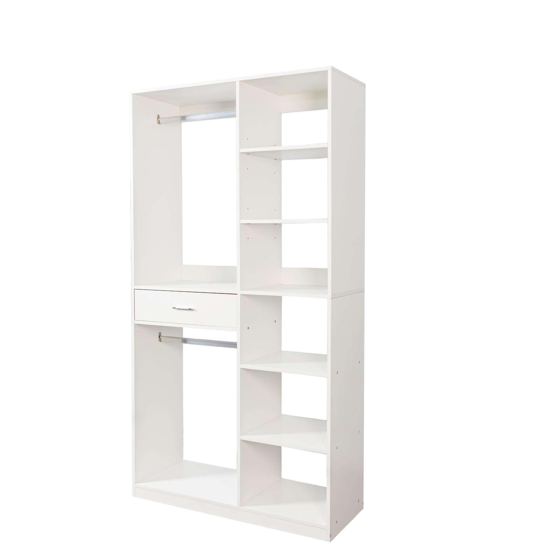 Freestanding Closet System, Stand-Alone Wardrobe with 6 open Shelves,74.8'' Heigh Closetwith 1 Wood Drawers, Wood Walk-in Closet with 2 Hanging Rod, White image 9