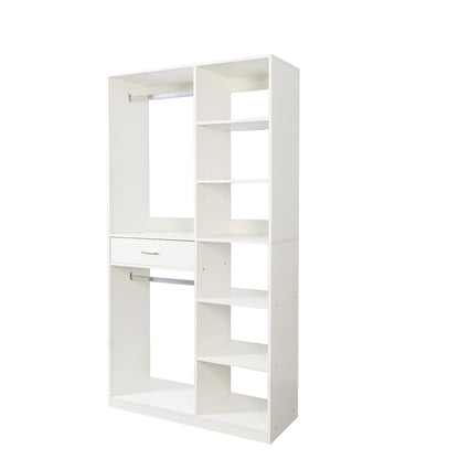 Freestanding Closet System, Stand-Alone Wardrobe with 6 open Shelves,74.8'' Heigh Closetwith 1 Wood Drawers, Wood Walk-in Closet with 2 Hanging Rod, White image 9