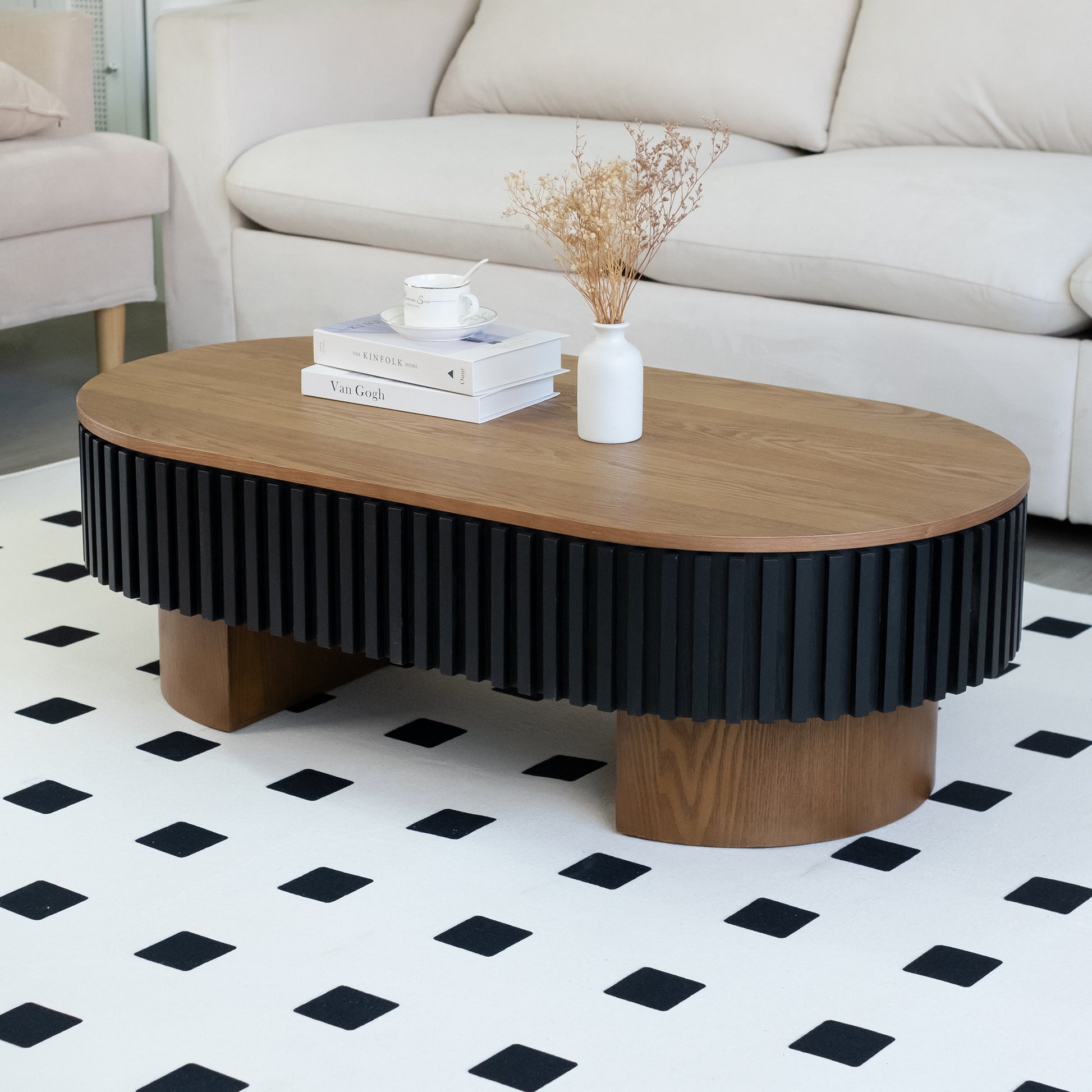 43.7" Oval Coffee Table With Hidden Storage,Fluted Modern Minimalist Wood Coffee Table for Living Room, Oval Center Table, Walnut + Black. image 6