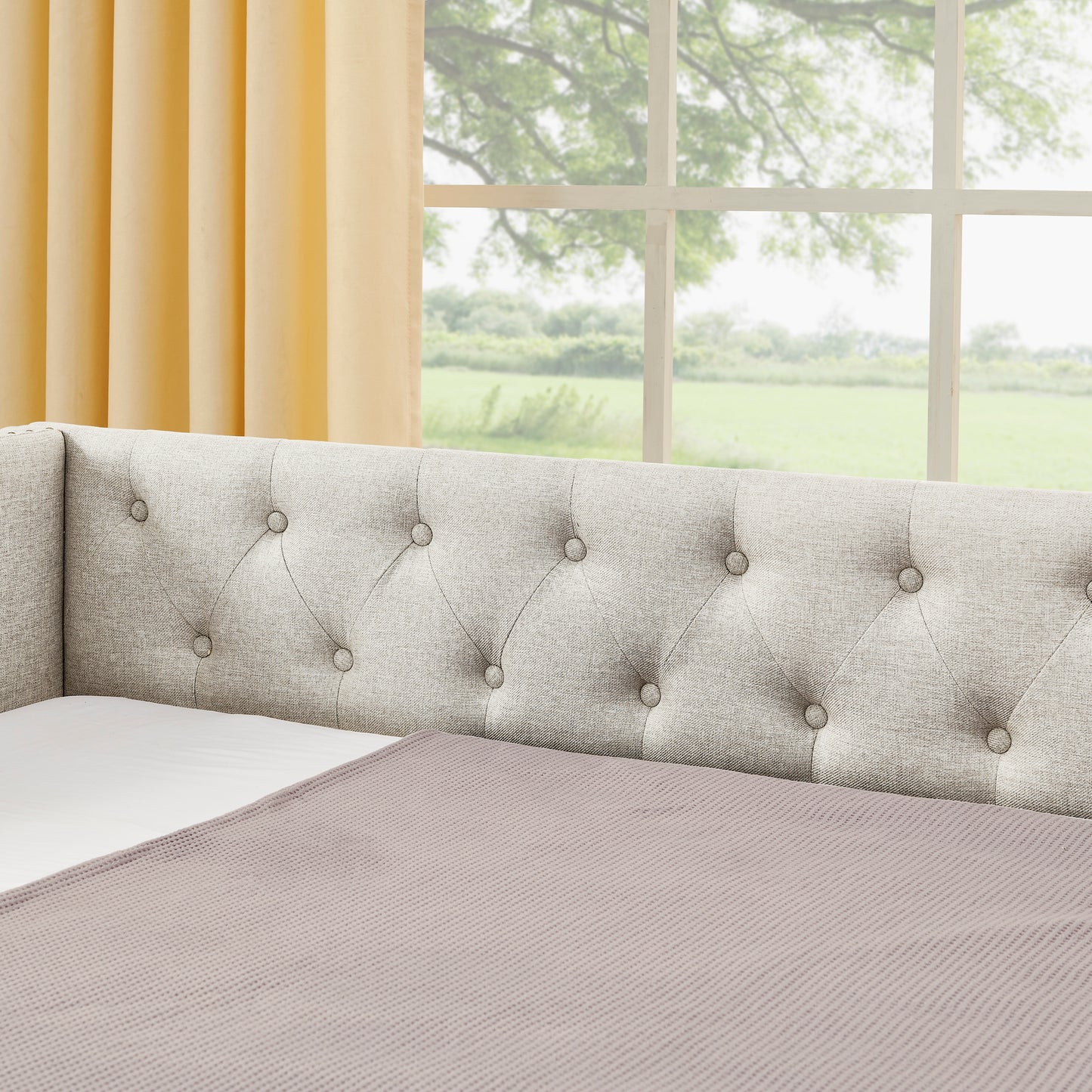Full Size Daybed with USB Charging & Twin Size Pull-out Extendable Bed, with Button on Back and Copper Nail on Waved Shape Arms image 11
