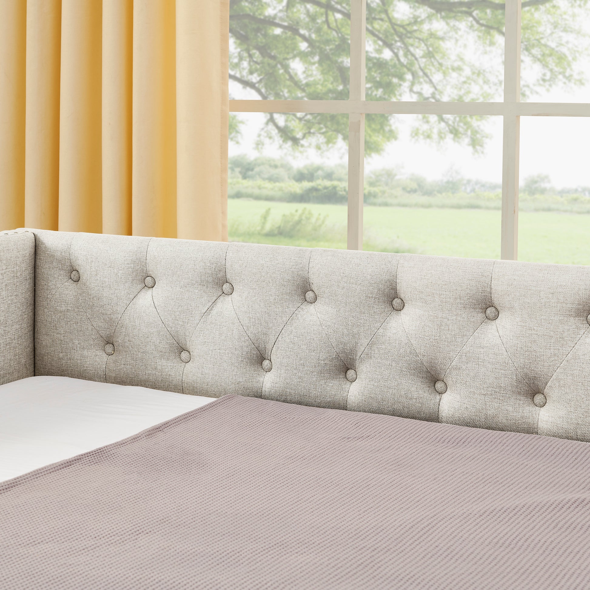 Full Size Daybed with USB Charging & Twin Size Pull-out Extendable Bed, with Button on Back and Copper Nail on Waved Shape Arms image 11