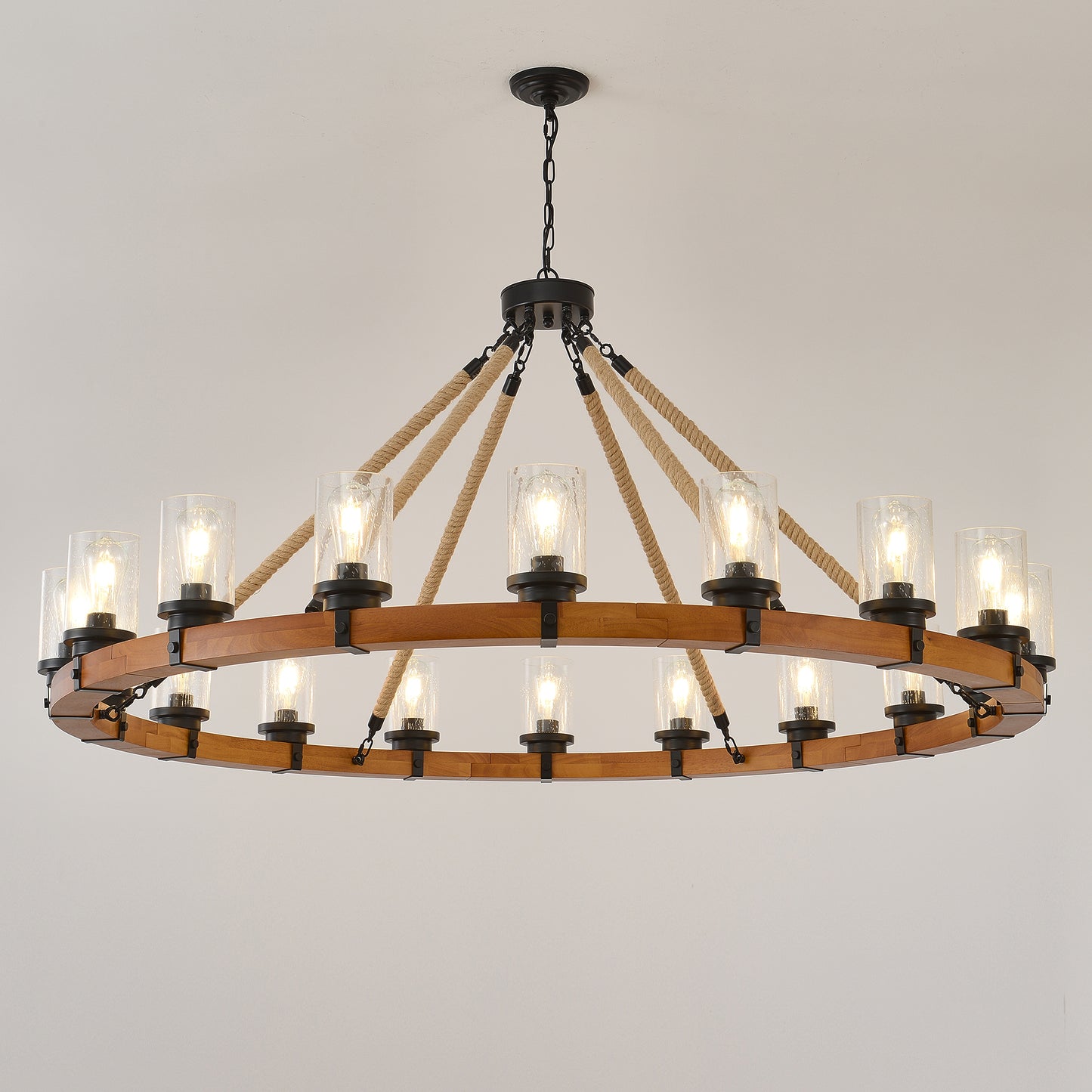 18-Light Rustic Wagon Wheel Chandelier,59"Wooden Pendant Light with Seeded Glass Shade,Industrial Chandeliers for Dining Room Kitchen lsland Foyer (Solid One-Piece Wood Frame Design)-NO INCLUDED BULBS image 5
