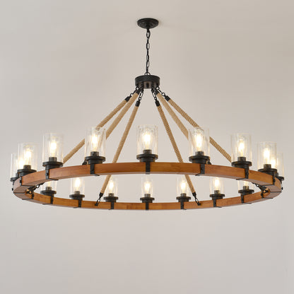 18-Light Rustic Wagon Wheel Chandelier,59"Wooden Pendant Light with Seeded Glass Shade,Industrial Chandeliers for Dining Room Kitchen lsland Foyer (Solid One-Piece Wood Frame Design)-NO INCLUDED BULBS image 5