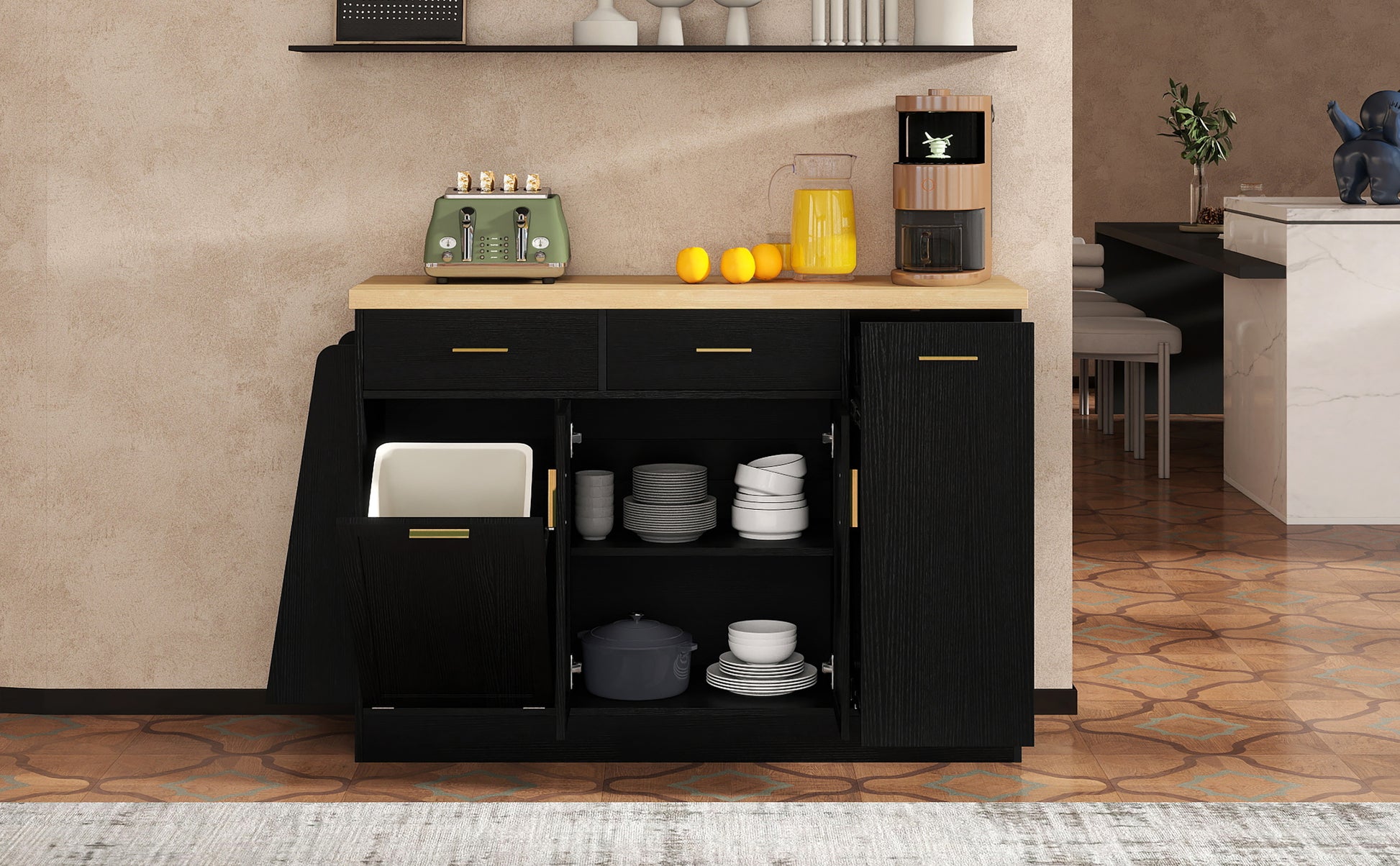 TREXM Multi-Functional Storage Sideboard, Trash Can Storage, Sliding Door Cabinet & 3-Tier Spice Rack,Kitchen Island Table for Kitchen, Dining Room (Black) image 3