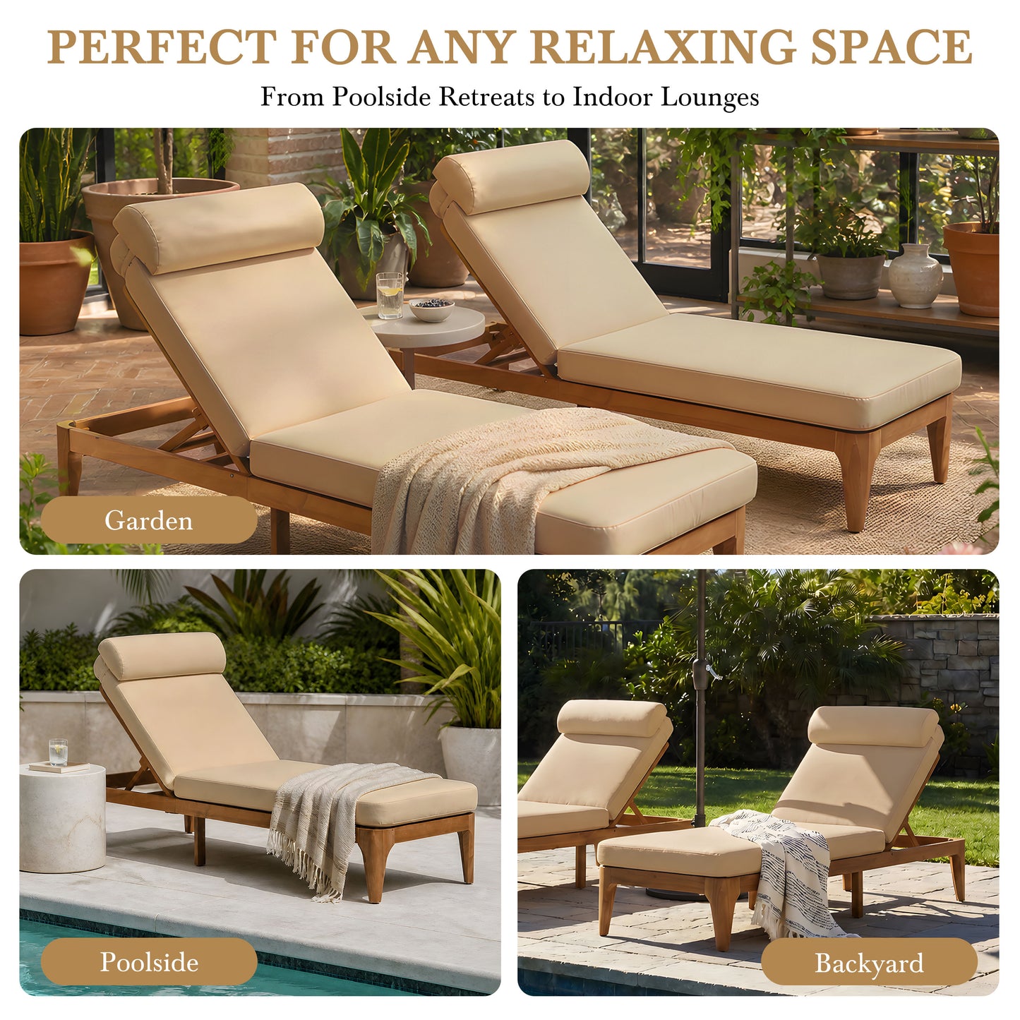 TOPMAX Acacia Wood Chaise Lounge, Outdoor Sun Lounge Chair, Patio Recliner with Adjustable Backrest and Head Pillow for Poolside, Backyard, Garden, Indoor&Outdoor, set of 2, Coffee Brown image 7
