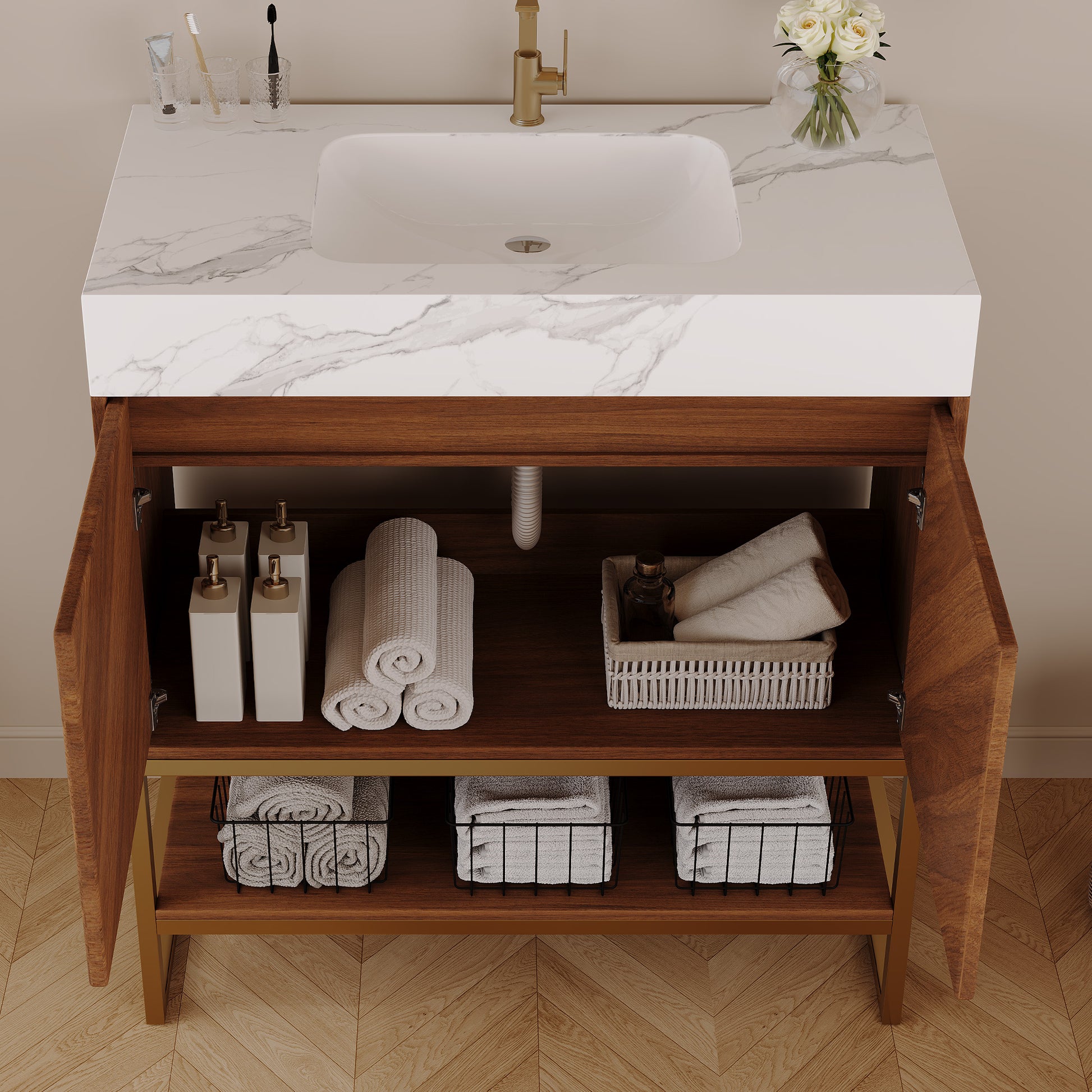 29.9" Modern Free-standing Bathroom Vanity with Ceramic Sink – Brown Oak, Soft-Close image 4