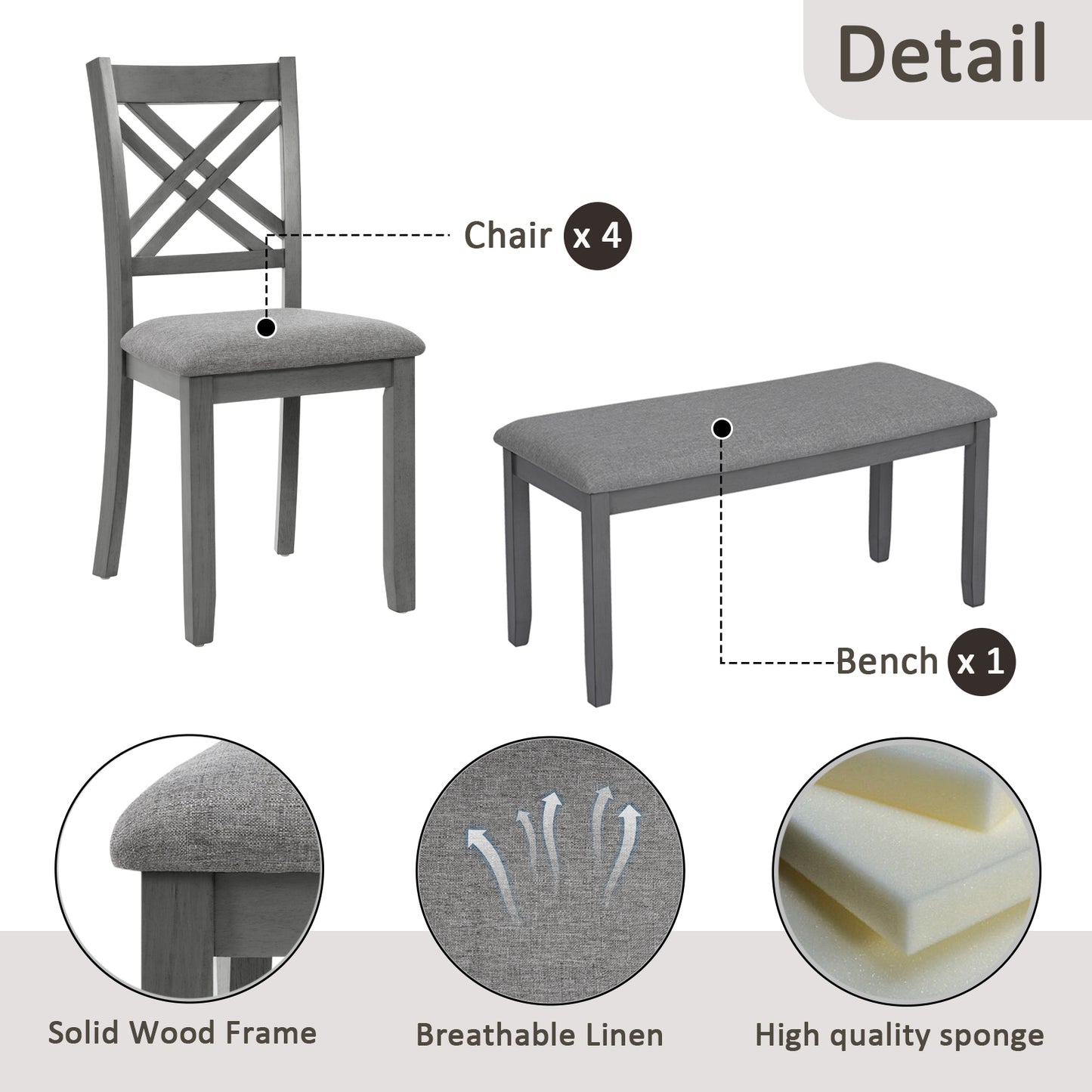 6 Piece Kitchen Dining Set, Rectangular Wooden Dining Table with 4 Upholstered Chairs and a Bench, Dining Table Set for 6 People, Living Room and Kitchen, Grey image 7