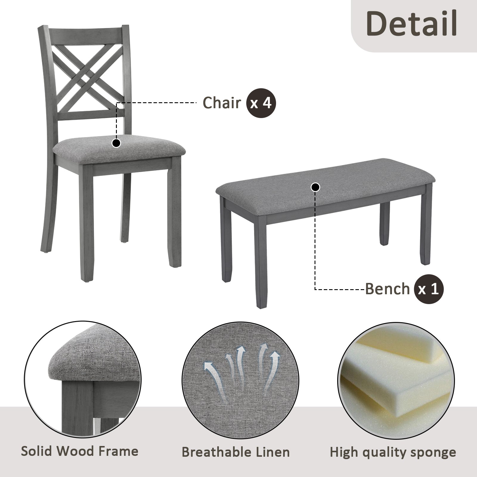 6 Piece Kitchen Dining Set, Rectangular Wooden Dining Table with 4 Upholstered Chairs and a Bench, Dining Table Set for 6 People, Living Room and Kitchen, Grey image 7
