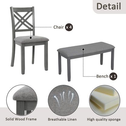 6 Piece Kitchen Dining Set, Rectangular Wooden Dining Table with 4 Upholstered Chairs and a Bench, Dining Table Set for 6 People, Living Room and Kitchen, Grey image 7
