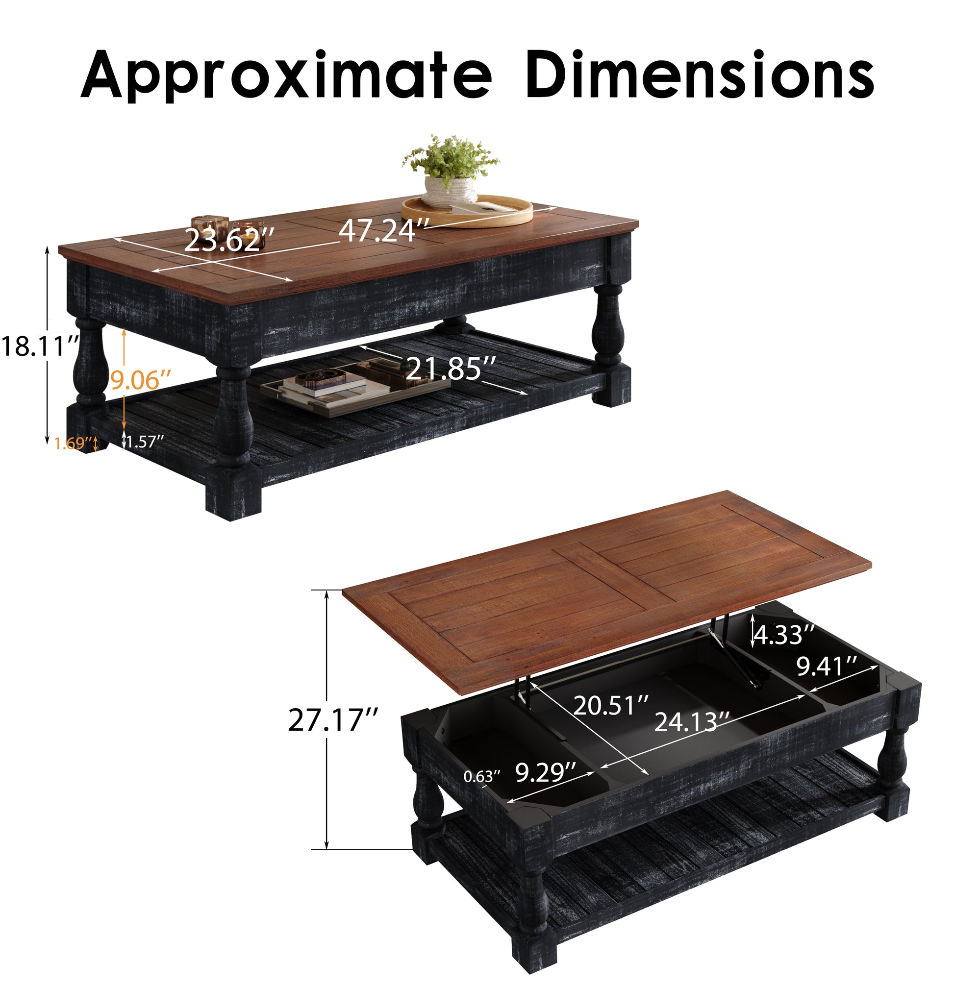 Retro Lift-Top Coffee Table with Storage for Living Room, Hidden Compartment & Lower Shelf, Espresso & Weathered Black Finish image 7