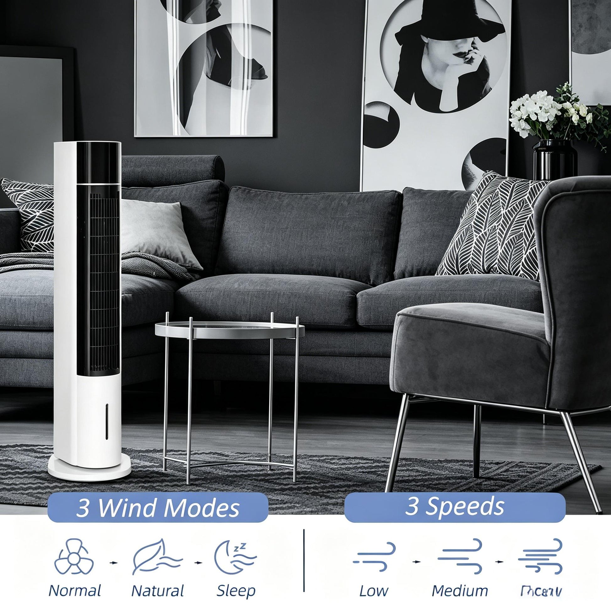 42" White 52° Oscillating Portable Swamp Cooler with Humidifier, 3 Modes, 3 Speeds 3-In-1 Ice Cooling Fan with Humidifier, image 6
