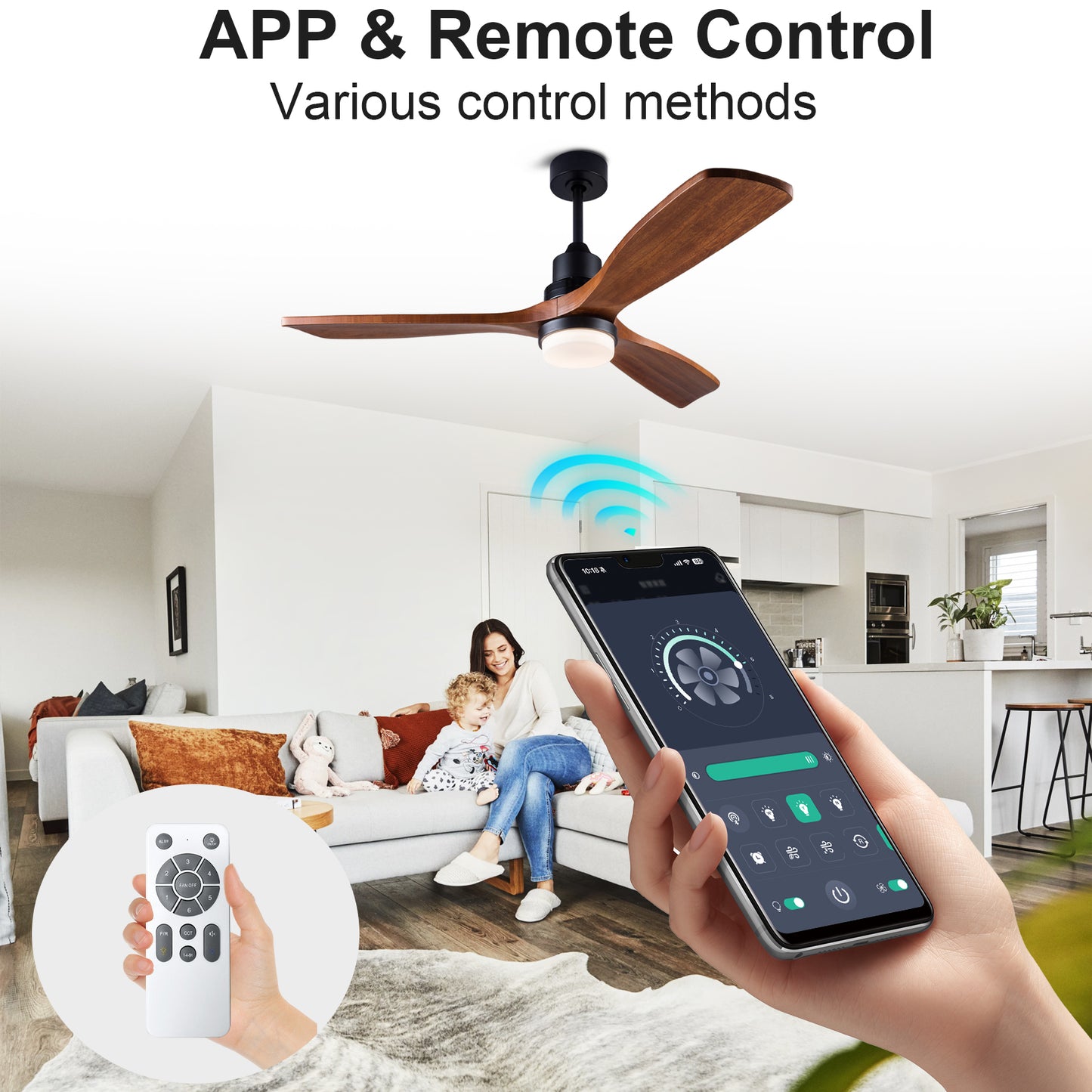 52 inch Ceiling Fan with Lights and Remote Control, Reversible, 3 Wood Blades, 6 Speeds, 3CCT Dimmable, Noiseless, Indoor/Outdoor Black Walnut Ceiling Fan for Bedroom Living Room Gazebo Patio image 2