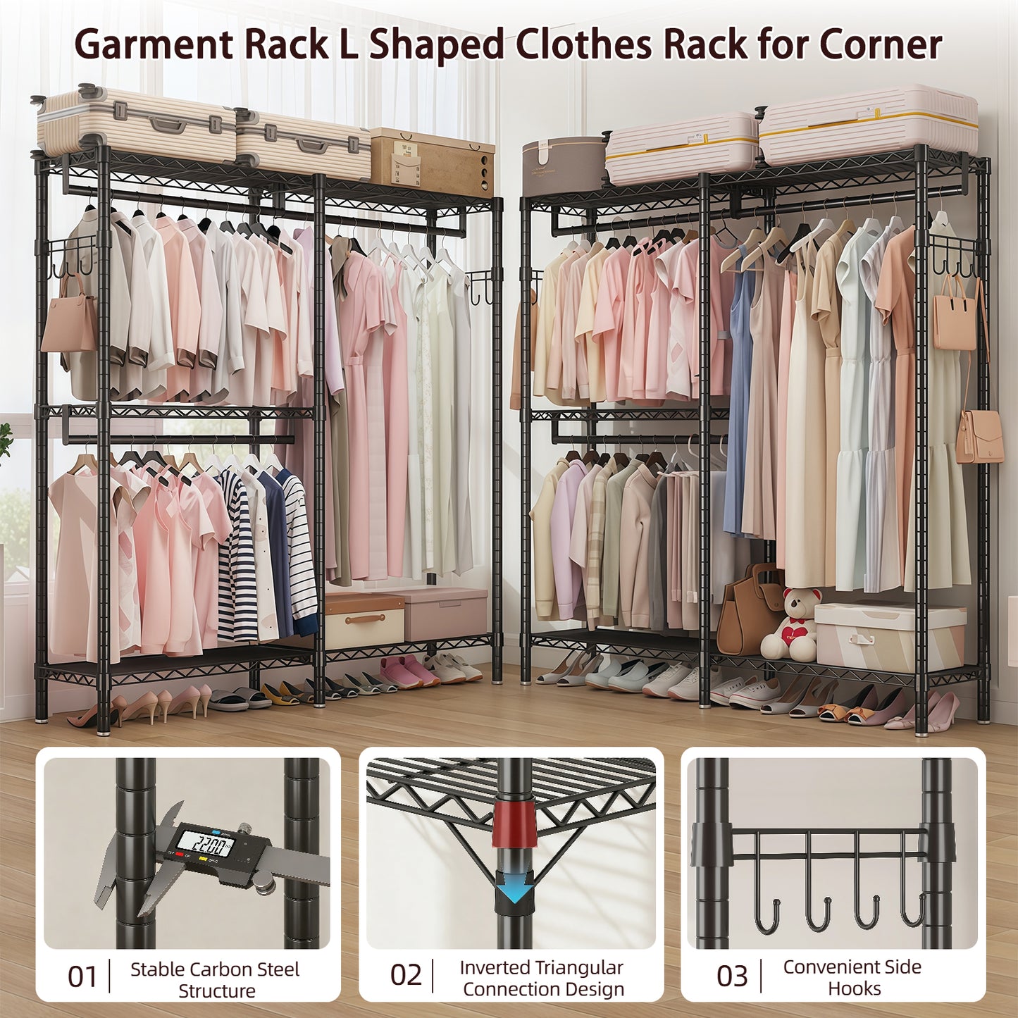Garment Rack L Shaped Clothes Rack for Corner, Heavy Duty Clothes Rack with 3 Hanging Rods & 2 Side Hooks, Freestanding Clothing Racks for Hanging Clothes, 58.27''Wx 17.13''D*76.38''H, Black image 4