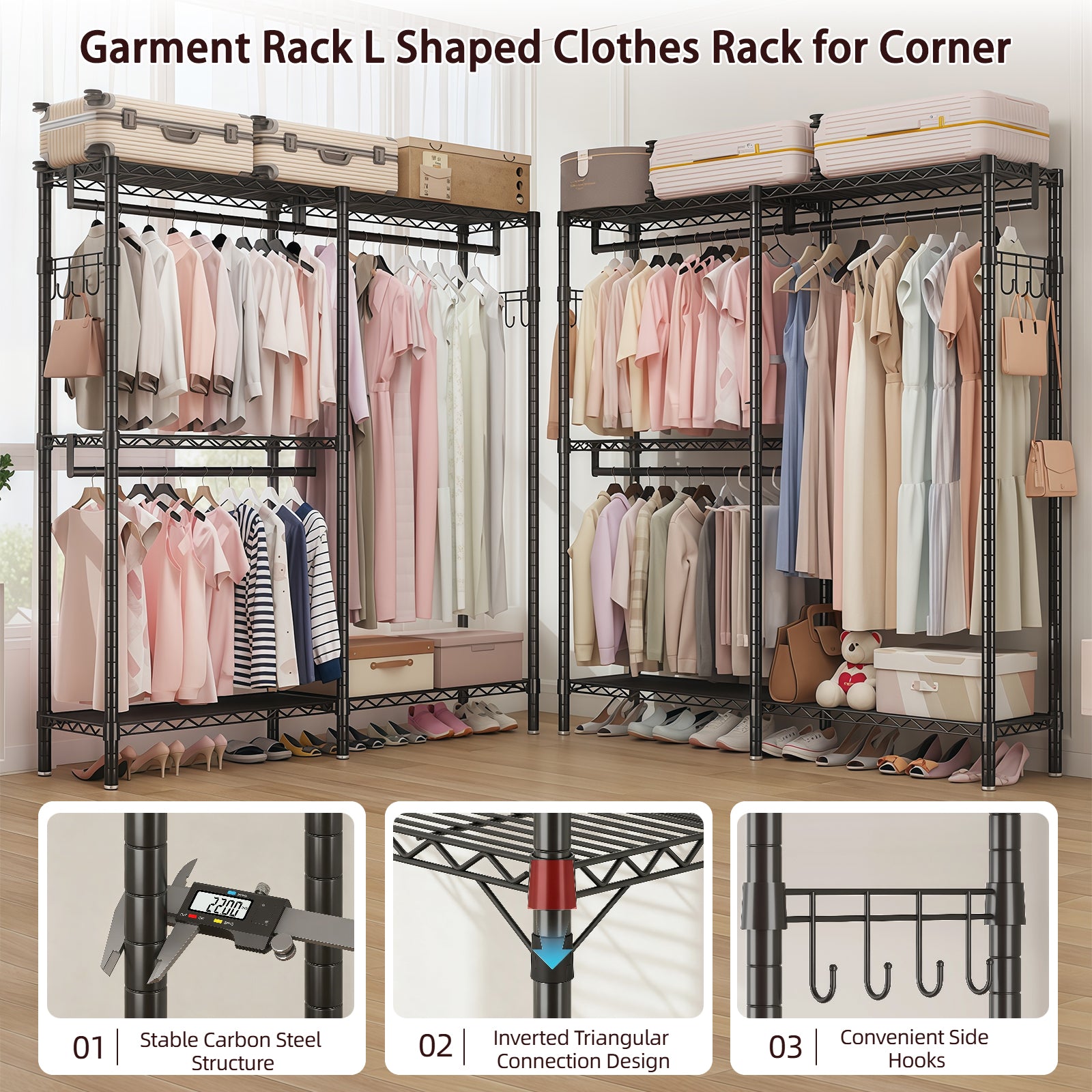 Garment Rack L Shaped Clothes Rack for Corner, Heavy Duty Clothes Rack with 3 Hanging Rods & 2 Side Hooks, Freestanding Clothing Racks for Hanging Clothes, 58.27''Wx 17.13''D*76.38''H, Black image 4