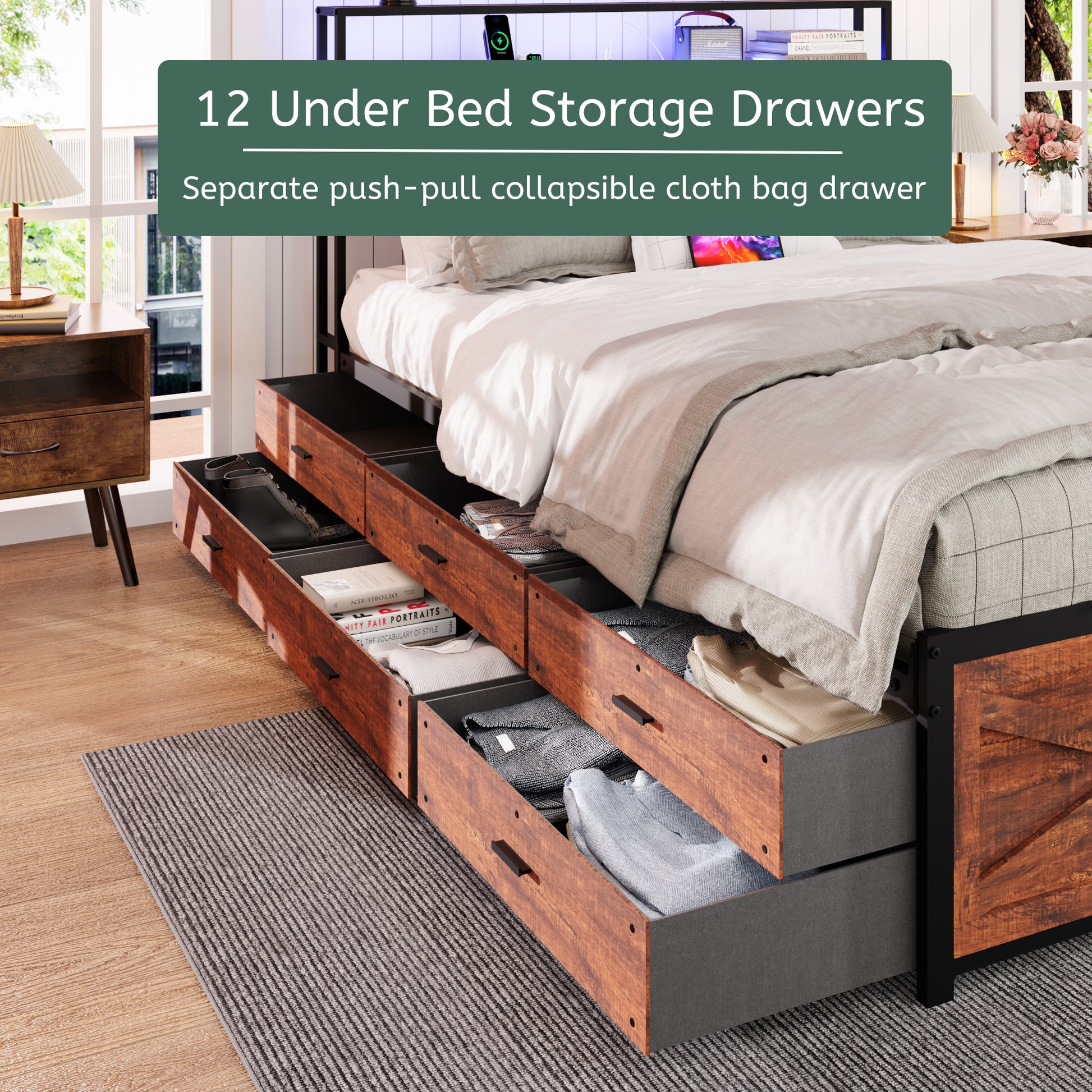 Queen Bed Frame with Storage Headboard and 12 Drawers LED Lights, Metal Platform Non-Slip Without Noise Mattress Foundation Strong Metal Slats Support,No Box Spring Needed image 5