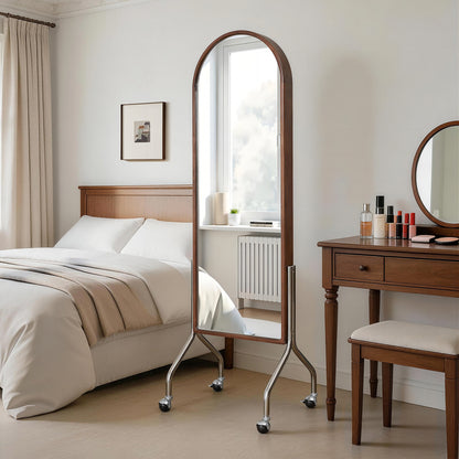 Arched Full Length Mirror with Storage Shelves & Wheels, Rubber Wood Frame Floor Mirror, Freestanding Rolling Mirror with Cart, 2-in-1 Dressing Mirror & Bookcase for Bedroom Living Room image 6