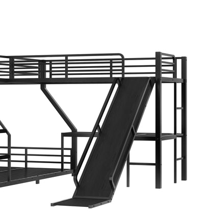 L-Shaped Twin XL over Queen Bunk Bed with Twin Size Loft Bed, Metal Triple Bunk Bed with Slide and USB Ports, Space-saving and Noise-free Design, Black image 10