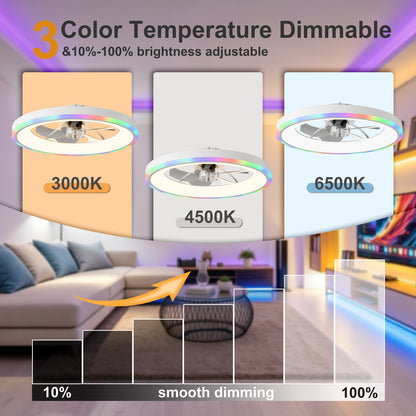 23.6" Modern RGB Ceiling Fan with Lights, Flush Mount Low Profile Fan with Remote & APP, 6-Speed Reversible Silent DC Motor, Dimmable 3000-6500K LED for Bedroom, White image 2