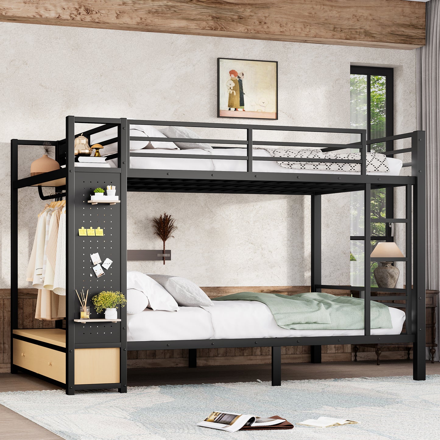 Queen over Queen size Metal Bunk Bed for Teens with Storage Shelves,Drawers and Pegboard,Black image 1