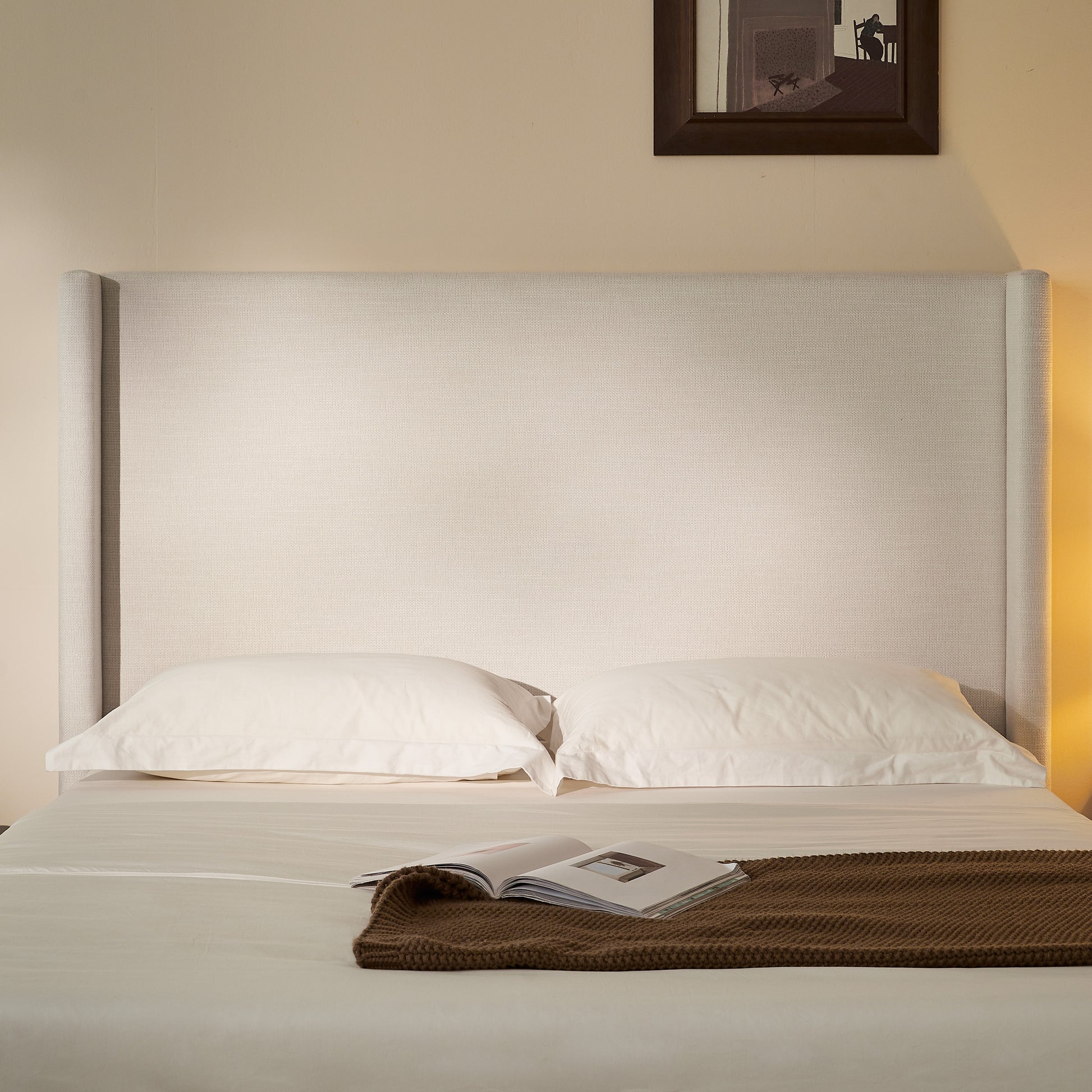 Hosford Upholstered Wingback Bed / Upholstered Wood Base Platform Bed / 52.5" High Headboard / Minimalist / Rusticity / No Box Spring Needed / Queen / Textured Ivory Canvas / No Noise image 3