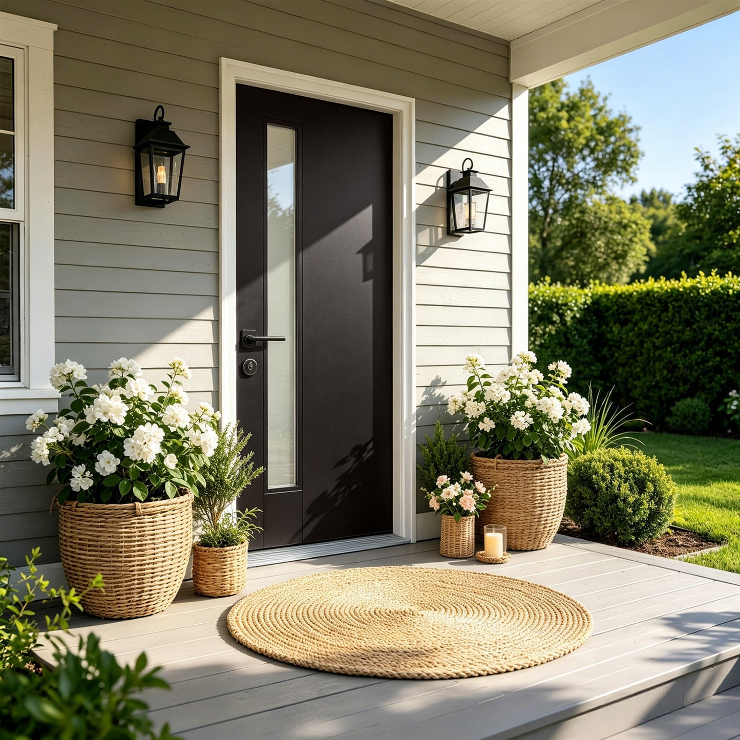 36"x80" Fiberglass Front Door with White 4-9/16" PVC Frame,Right-Hand Inswing Exterior Door with Brickmould,Contemporary minimalist smooth skin with frosted glass for Home Entrance, Black image 1