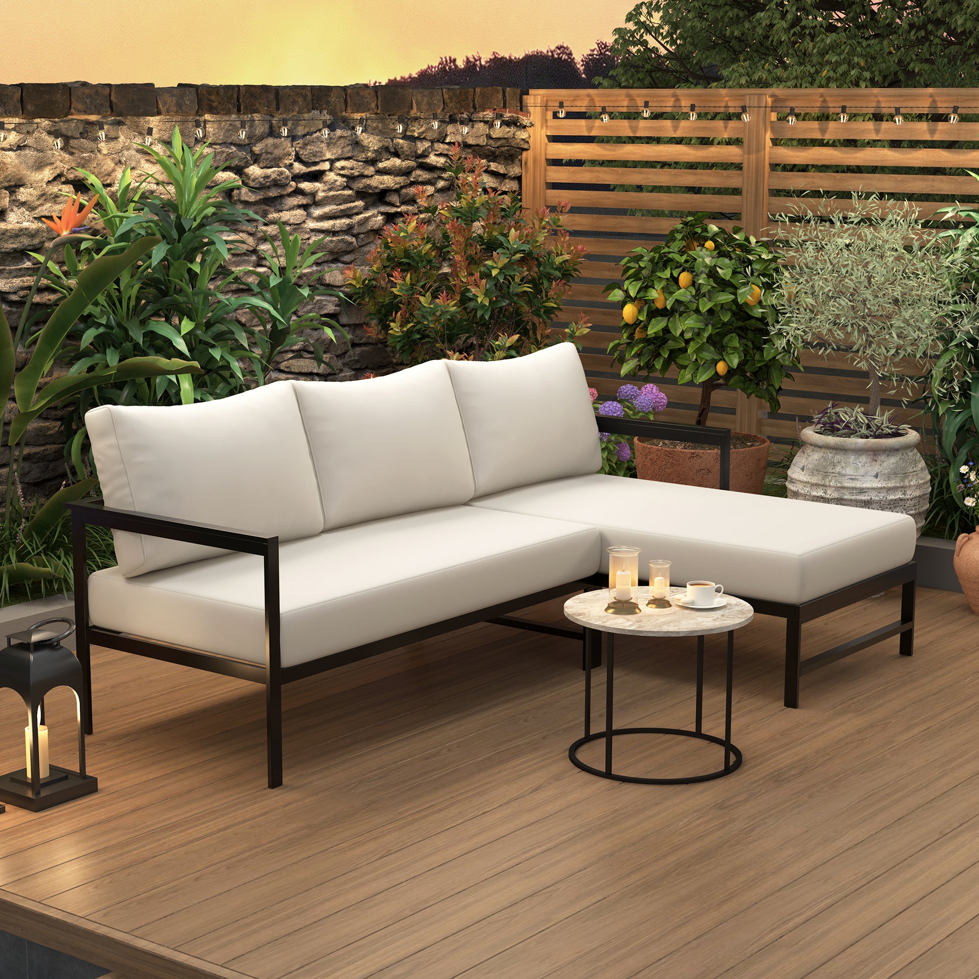 U_style Outdoor L-Shaped Sofa with Iron Frame,Weather-Resistant Patio Sofa Set with Ultra-Thick Cushions,Comfortable Seating for 3,Ideal for Patio, Balcony,and Garden image 1