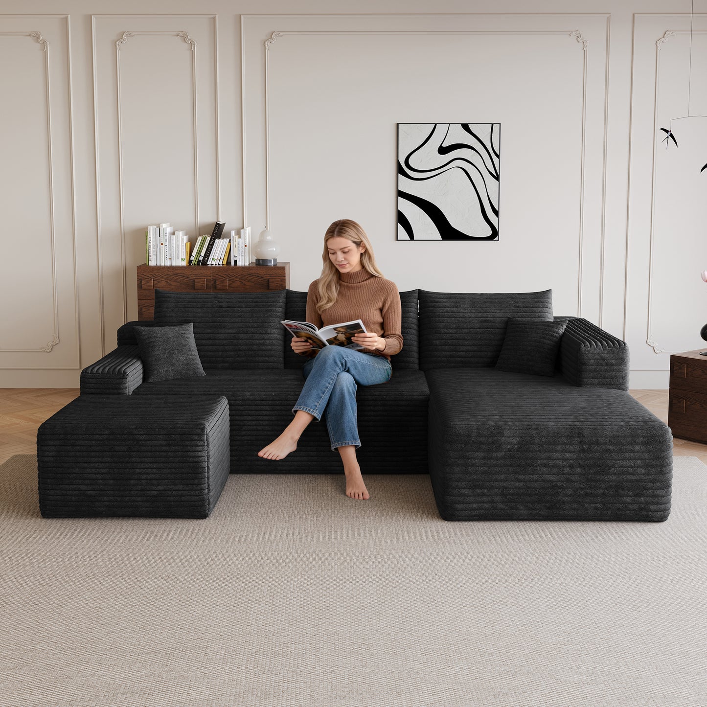 95" Cloud Sectional Sofa with 1 Ottoman,Modern Minimalist Upholstered Couches, Comfort U Shaped Sofa for Living Room,Deep Seat Corner Couch,No Assembly Required,Black (Plush Corduroy Fabric) image 2