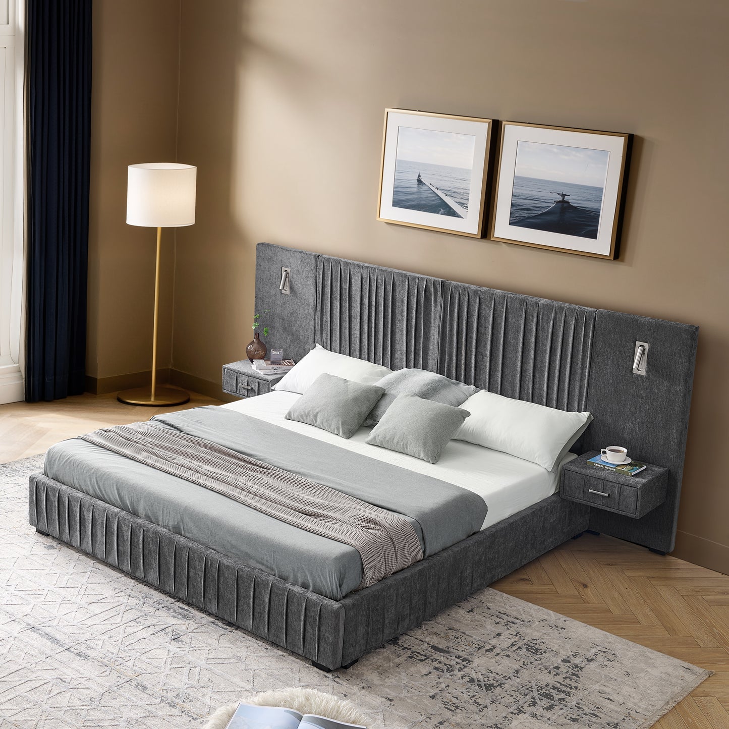 Queen Size Upholstered Bed Frame with Chenille fabric with pleated design,Grounded Queen Size Platform Bed with Headboard and Solid Frame and the bedside table.No Box Spring Needed-DARK GREY image 4