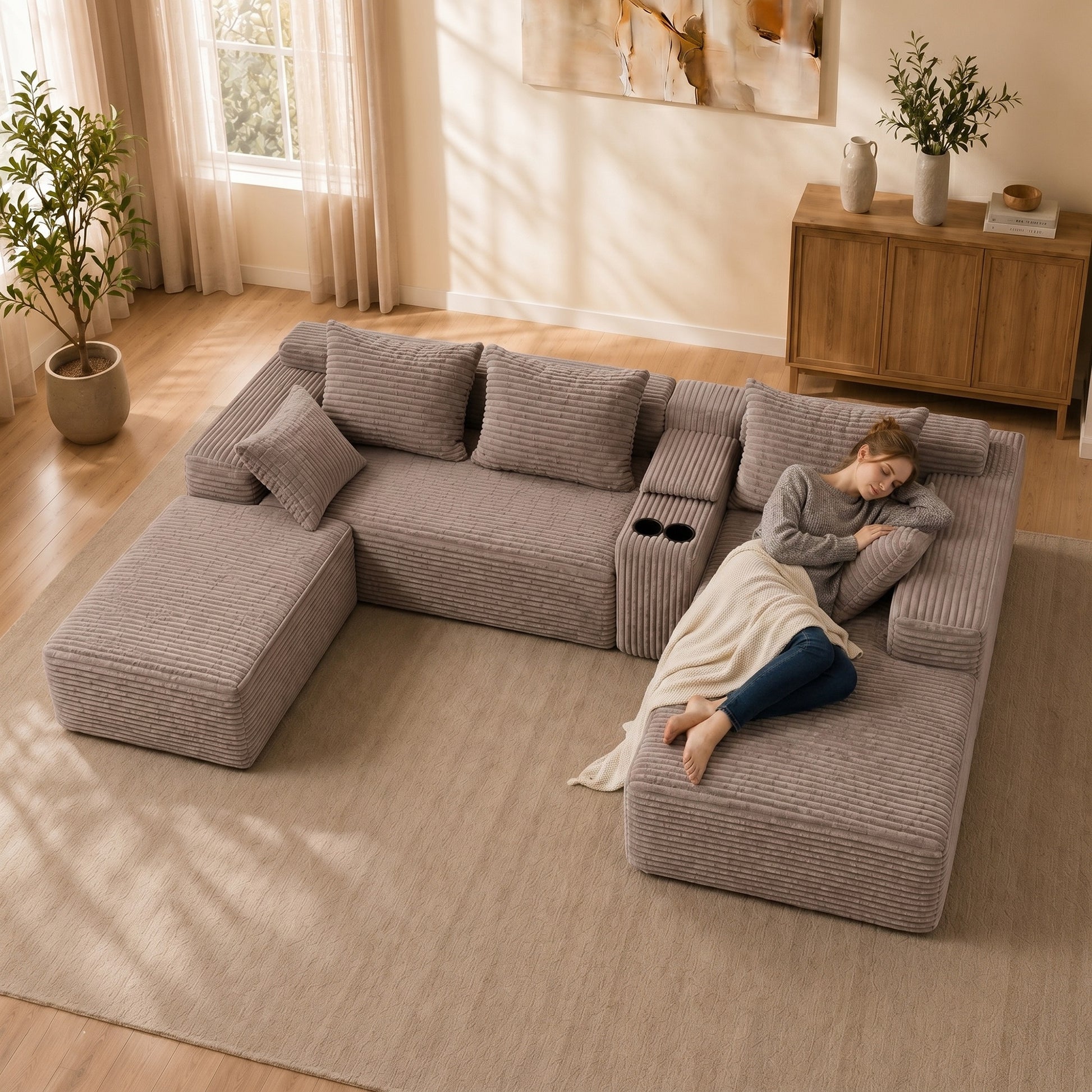 Advanced Corduroy U-shaped Modular Segmented Sofa, Large Sitting Depth Convertible Form, with Cup Holder and Storage Space, Modern Nordic Comfortable L-shaped Sofa Bed, Suitable for Large Living Rooms image 4