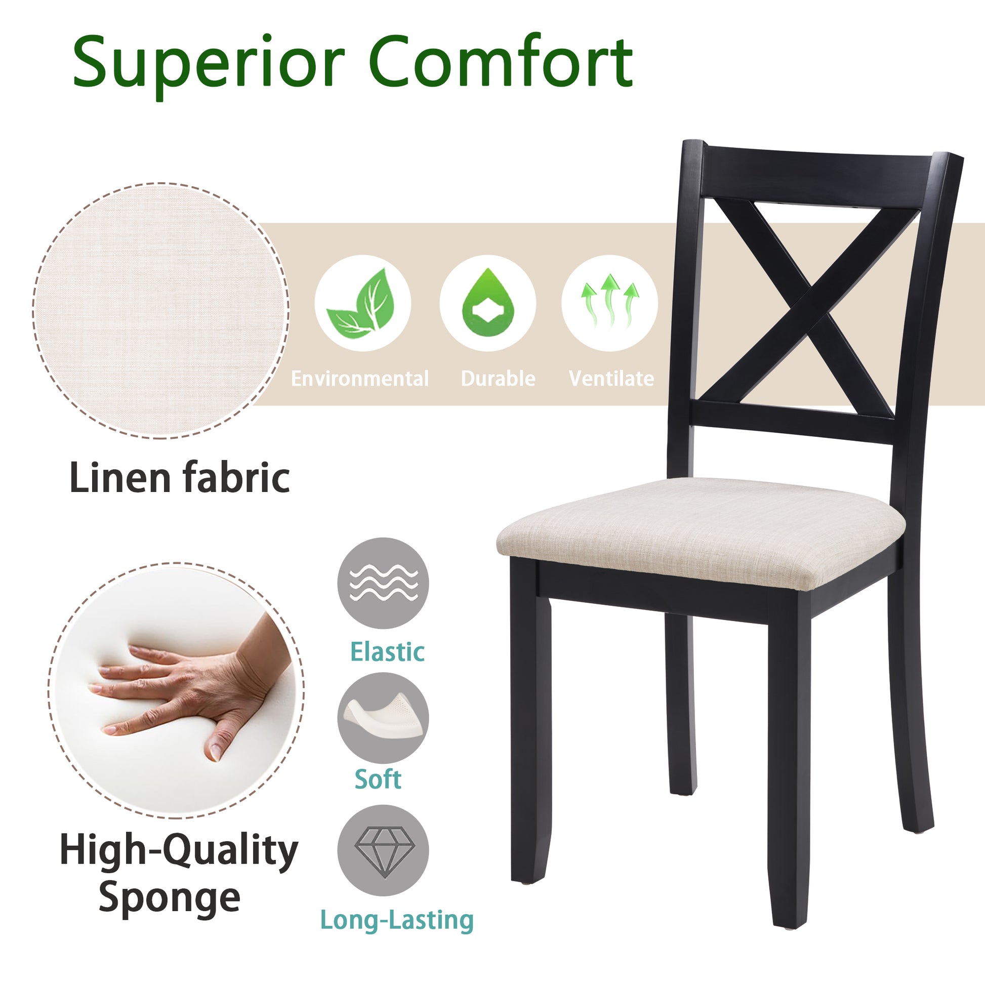 Dining Chairs Only, Wooden Dining Chairs Set of 4, Kitchen Chair with Padded Seat, Upholstered Side Chair for Dining Room, Living Room, Kitchen, Black & Beige two tone image 6