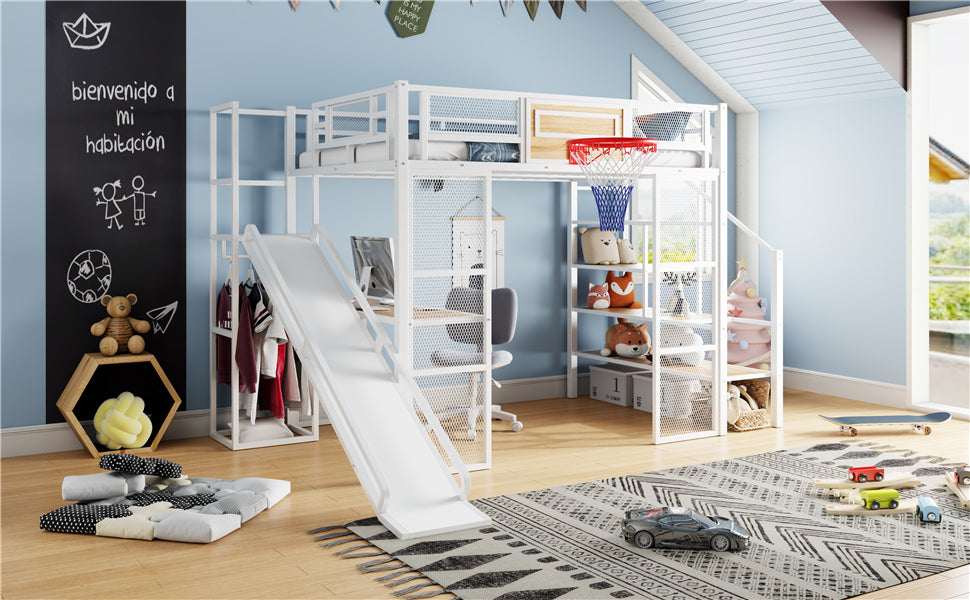 Full Size Metal Loft bed with Built-in Desk, Open Wardrobe, Basketball hoop, Slide and Staircase, White image 6