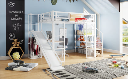 Full Size Metal Loft bed with Built-in Desk, Open Wardrobe, Basketball hoop, Slide and Staircase, White image 6