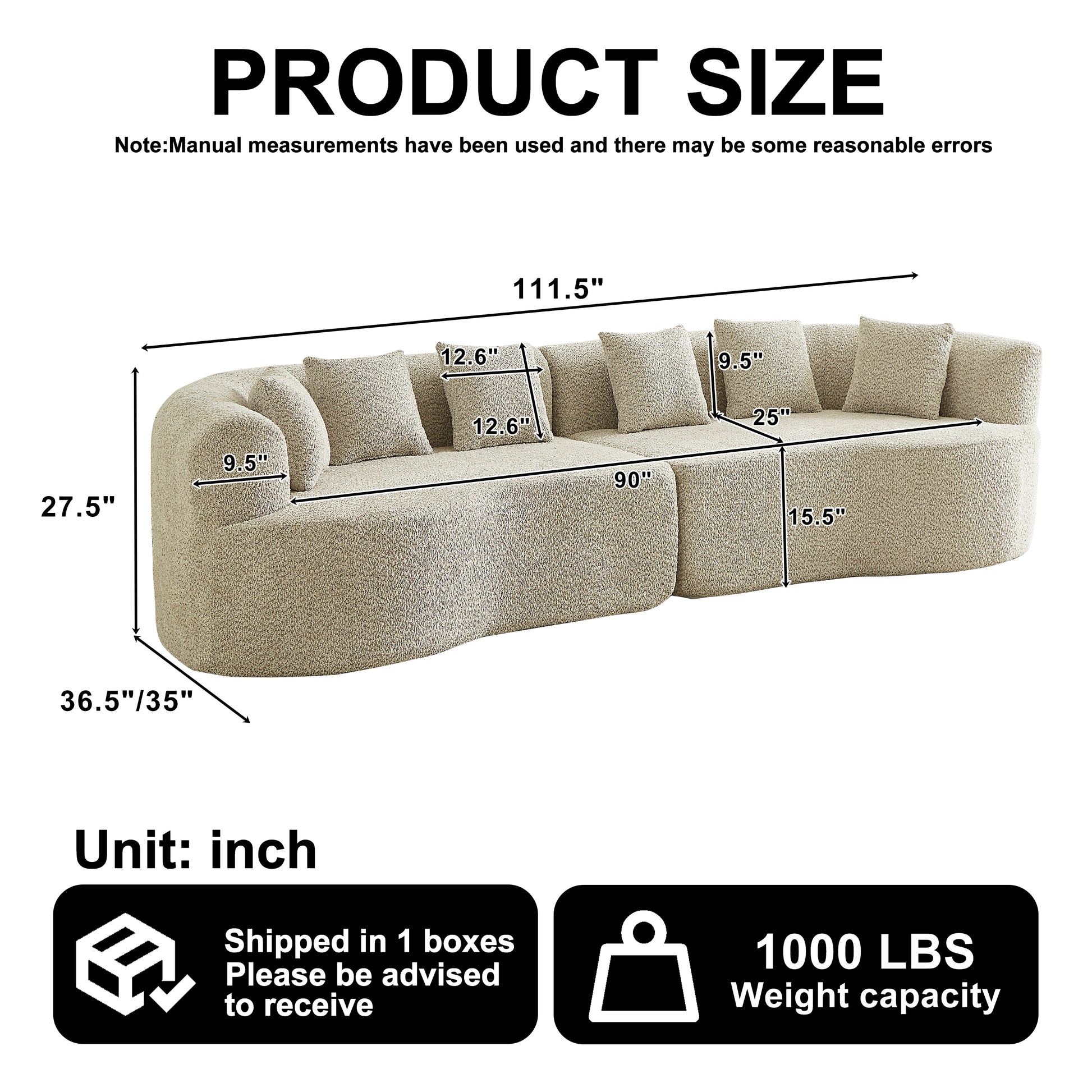 Curved Sectional Sofa, 111.5-inch Oversized Modern Bone-Free Cloud Sofa with 6 Pillows Luxury Chenille Four-Seater Memory Foam Sofa with Deep Seat Design, Light khaki W3505P355582 image 2