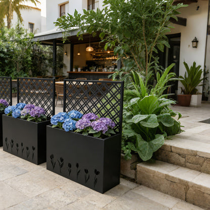 Tall Metal Planter Raised Garden Bed with Trellis 35.5in L x 11.9in W x 47.3in H - Large Flower Box Privacy Screen for Porch, Patio, Garden, Commercial Décor, Tulip Black image 3