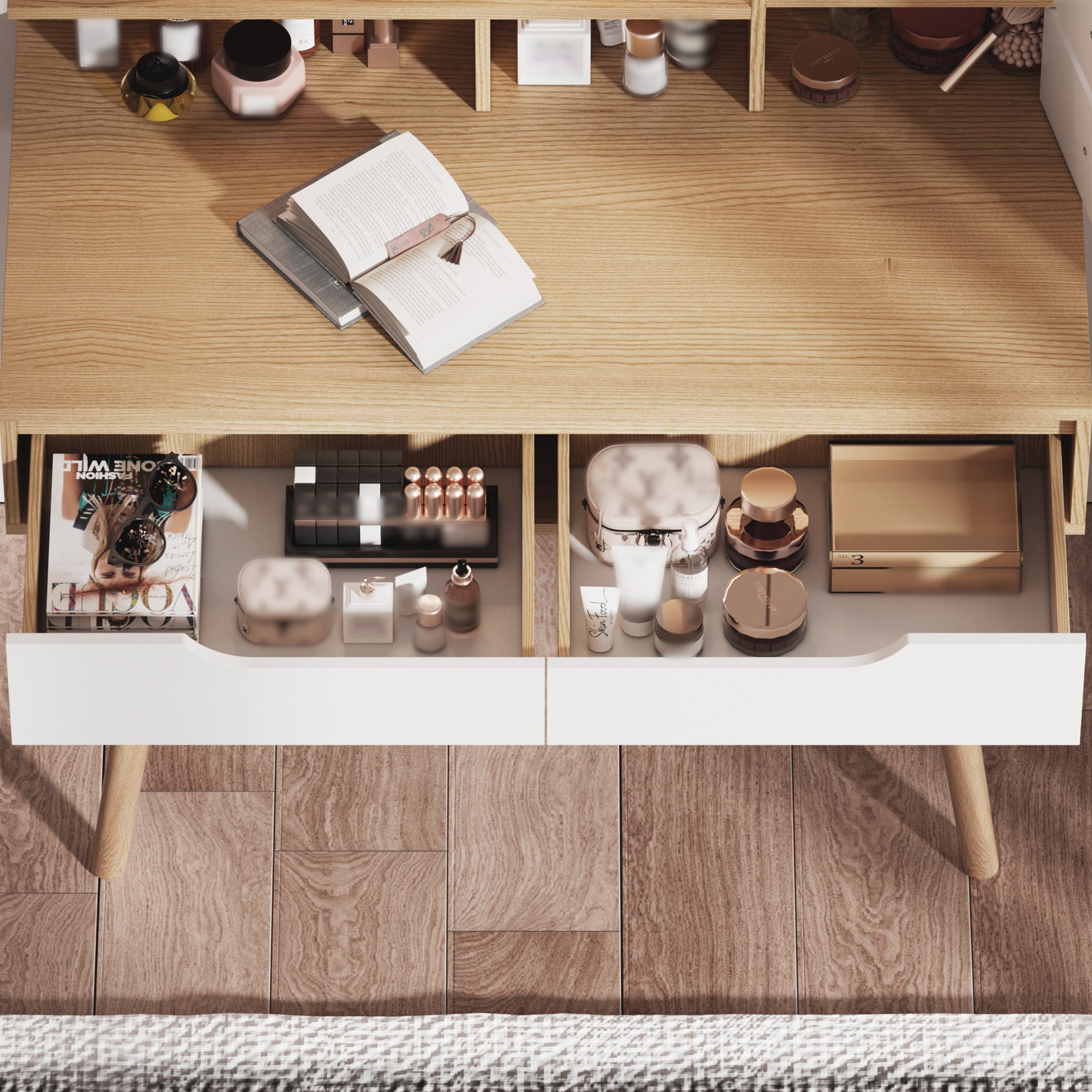 Makeup Vanity Desk with 3 Adjustable Lighted Mirror with solid wood table feet, Dressing Table Set with 4 drawers and 3 open shelves for Small space Bedroom image 5