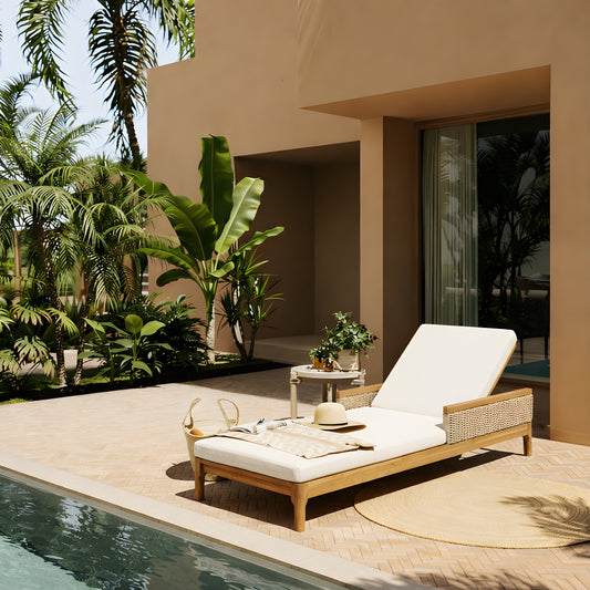 Solid Acacia Wood Sun Chaise Lounger with Beige Cushions and Light Grey Wicker, 76.8" Outdoor Patio Furniture for Garden, Deck, Poolside Relaxation,Natural +Beige Cushion image 1