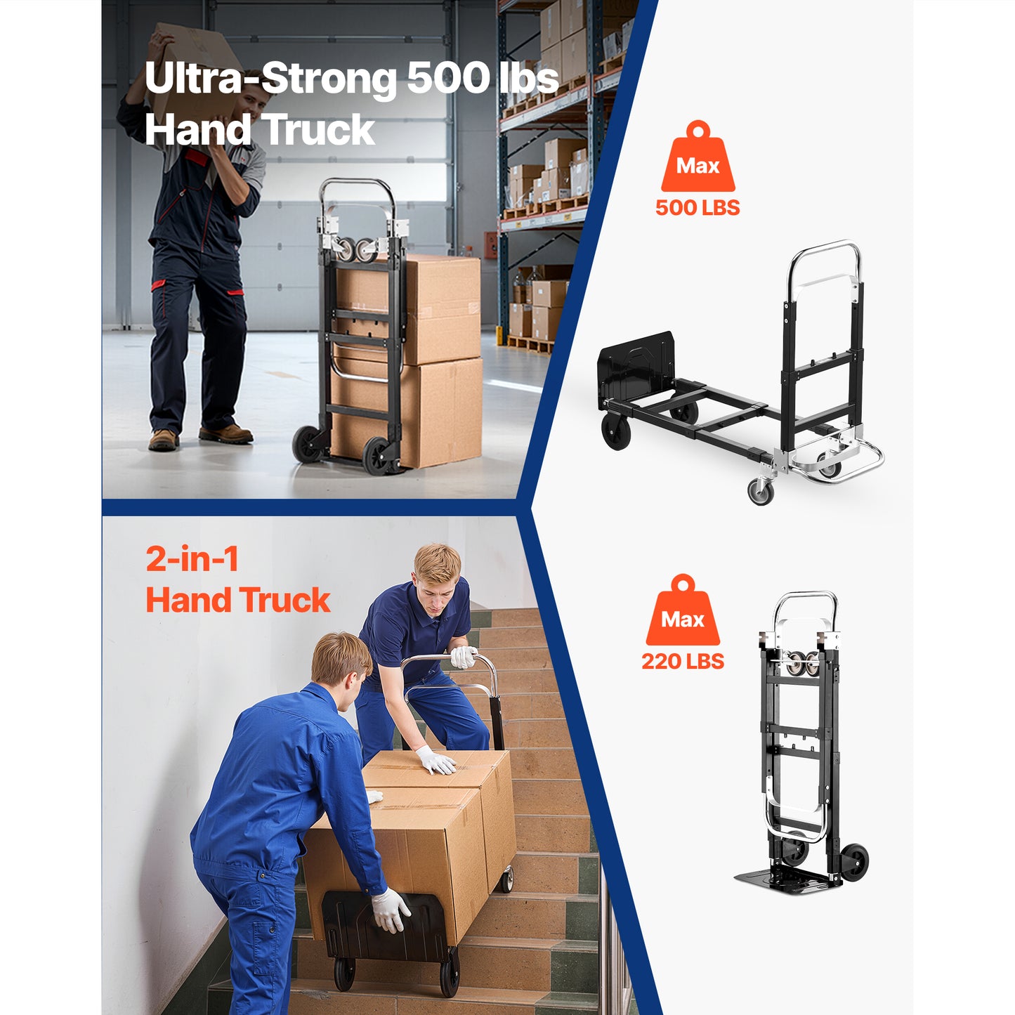 2 in 1 Folding Hand Truck, 500 lbs Load Capacity for 4-Wheel Mode, Convertible Hand Truck Dolly with Wheels & Adjustable Handle, Portable Trolley Dolly for Moving Home, Office, Warehouse image 5