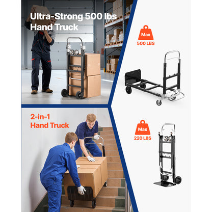2 in 1 Folding Hand Truck, 500 lbs Load Capacity for 4-Wheel Mode, Convertible Hand Truck Dolly with Wheels & Adjustable Handle, Portable Trolley Dolly for Moving Home, Office, Warehouse image 5