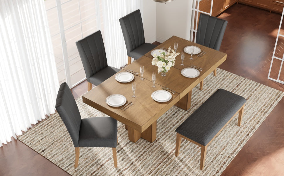 TOPMAX Farmhouse 78.1inch Extendable Wood Dining Table Set for 6, Kitchen Table Set with Bench and 4 Upholstered Chairs,3.8inch Thick Tabletop and Trestle Legs for Kitchen, Dining Room, Brown+Gray image 2