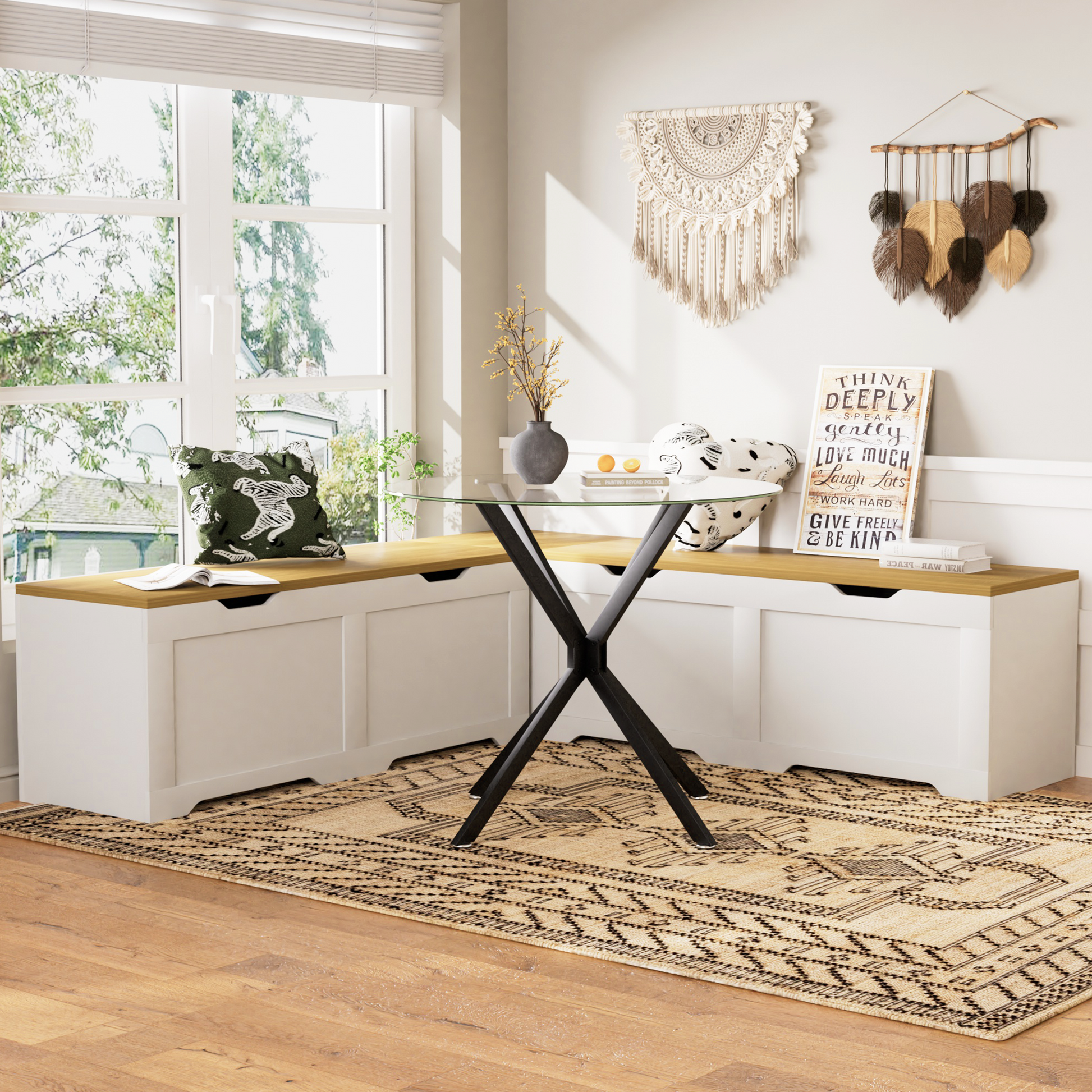 3-Piece L-Shaped Multi-Functional Storage Bench with Cushion, serving as a kitchen corner bench, toy storage box, or reading nook seat., White and Natural, 63"D x 63"W x 19.1"H image 3