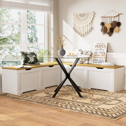 3-Piece L-Shaped Multi-Functional Storage Bench with Cushion, serving as a kitchen corner bench, toy storage box, or reading nook seat., White and Natural, 63"D x 63"W x 19.1"H image 3