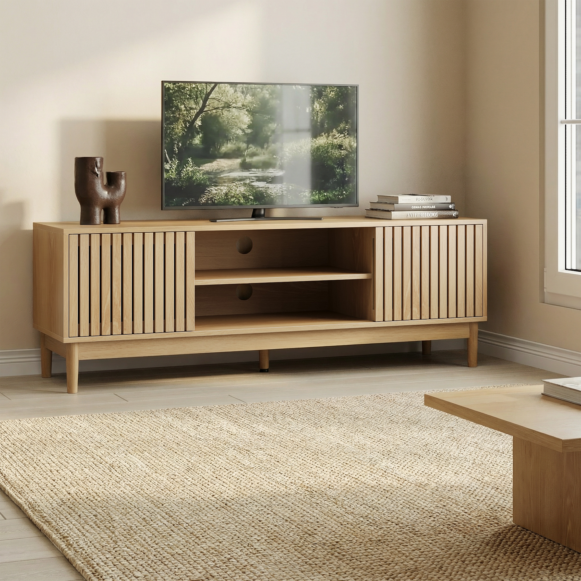 55-inch TV stand, mid-century modern style TV stand (suitable for 55/65-inch TVs), entertainment center with storage, media console for living room and bedroom, oak color image 7