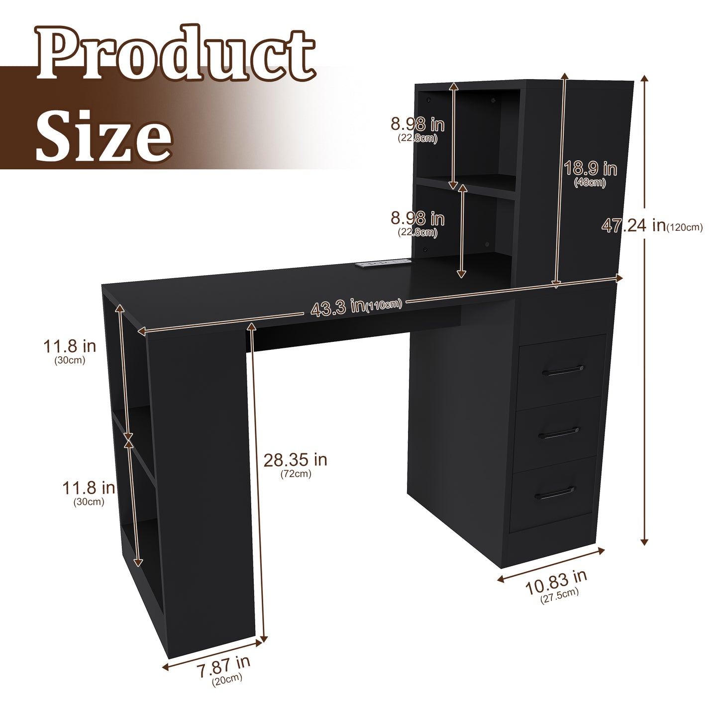 Black Computer Desk with 4-in-1 Socket, the Desk with 3 Slide Drawers and 4 Storage Levels, the Wooden Desk is Suitable for a Variety of Places image 11