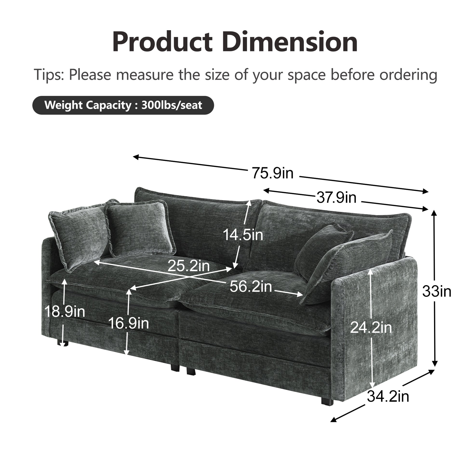 Modern Fabric Loveseat Sofa Couch for Living Room, Upholstered Large Size Deep Seat 2-Seat Sofa with 4 Pillows,Gray Chenille image 6