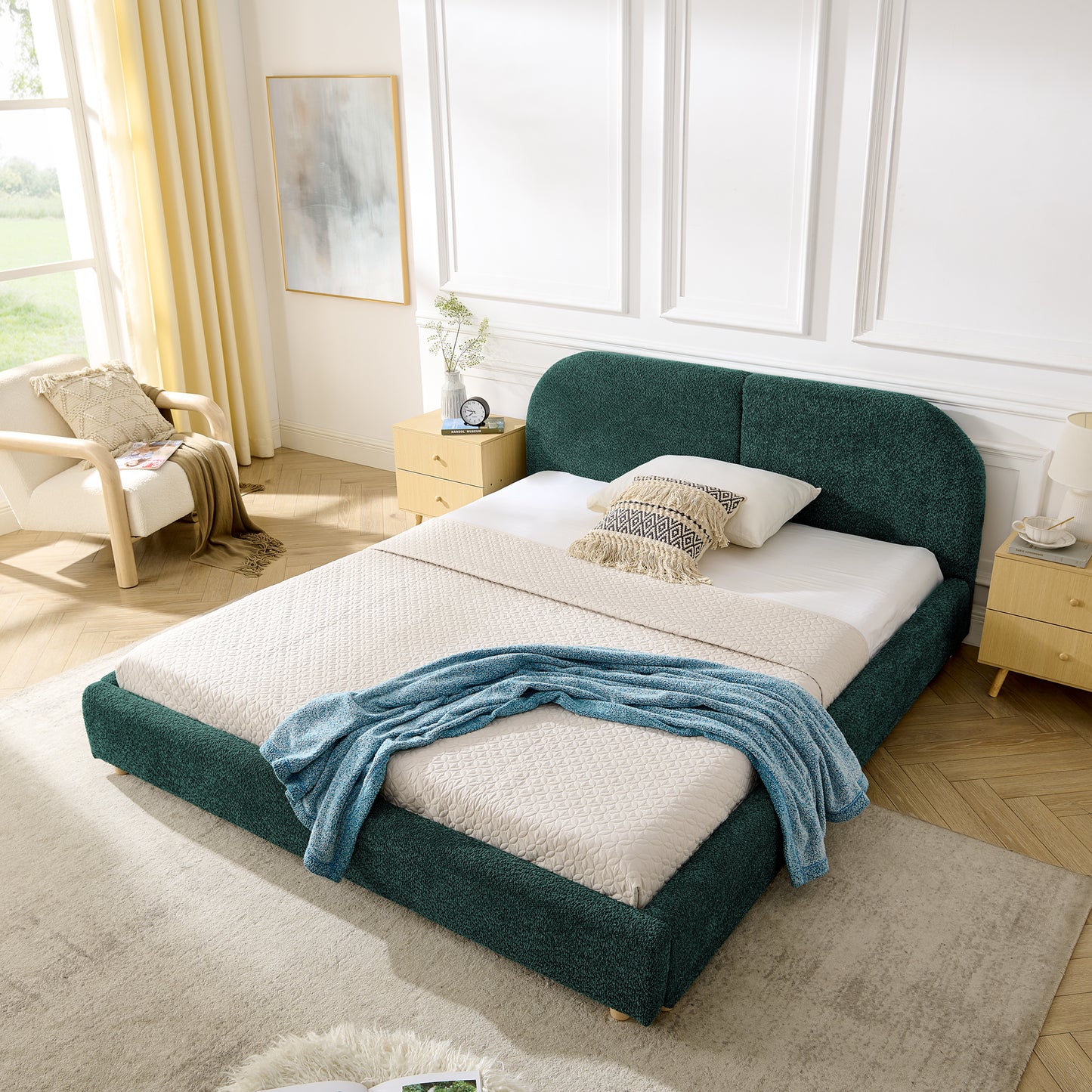 Queen Size Upholstered Bed Frame, Modern Minimalist Style with Tall Curved Headboard, Premium Circle Yarn Fabric & Sturdy Leg Support, Mattress Not Included-Green image 2