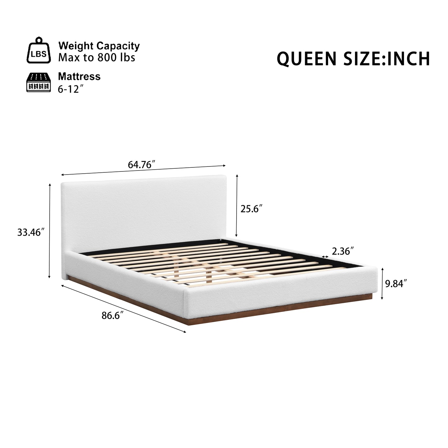 Elegant White Fabric Upholstered Bed With Nice Wood Grain Textured Brown Solid Wood Base Frame,White,Queen image 10