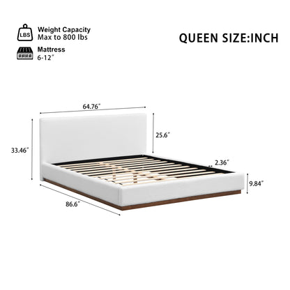 Elegant White Fabric Upholstered Bed With Nice Wood Grain Textured Brown Solid Wood Base Frame,White,Queen image 10