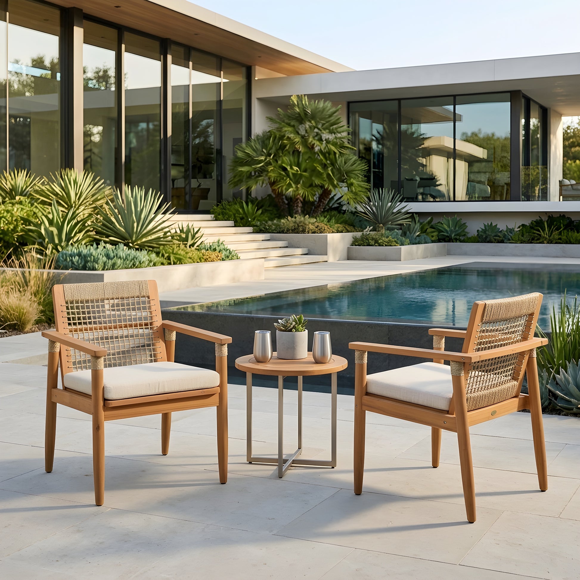 Outdoor Dining Chairs Set of 2, Acacia Wood Patio Armchair with Multi Brown Rope Design Back and Arms and Beige Washable Cushion,for Backyard, Poolside, Garden,Light teak image 3